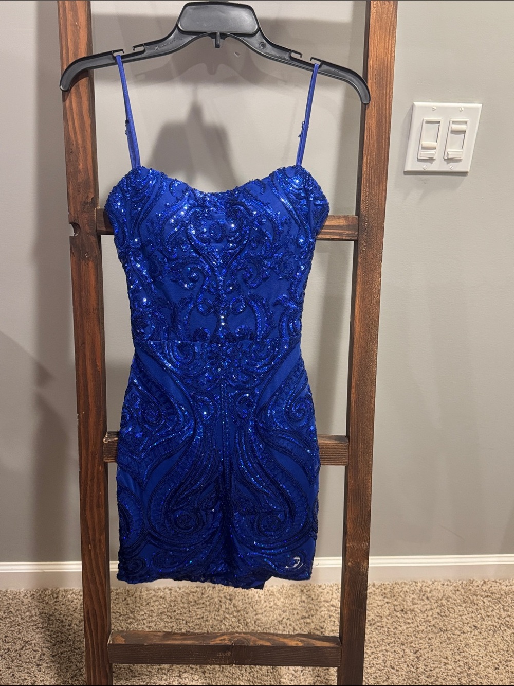 B Darlin Cobalt Blue Sequin Spaghetti Strap Mini Dress